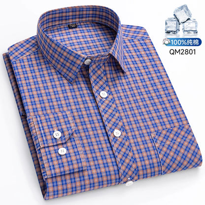 The New Men's Long-Sleeved Shirt Is Cool and Casual. It's a Thin, All-Cotton, Streetwear Checkered Style for Spring and Summer