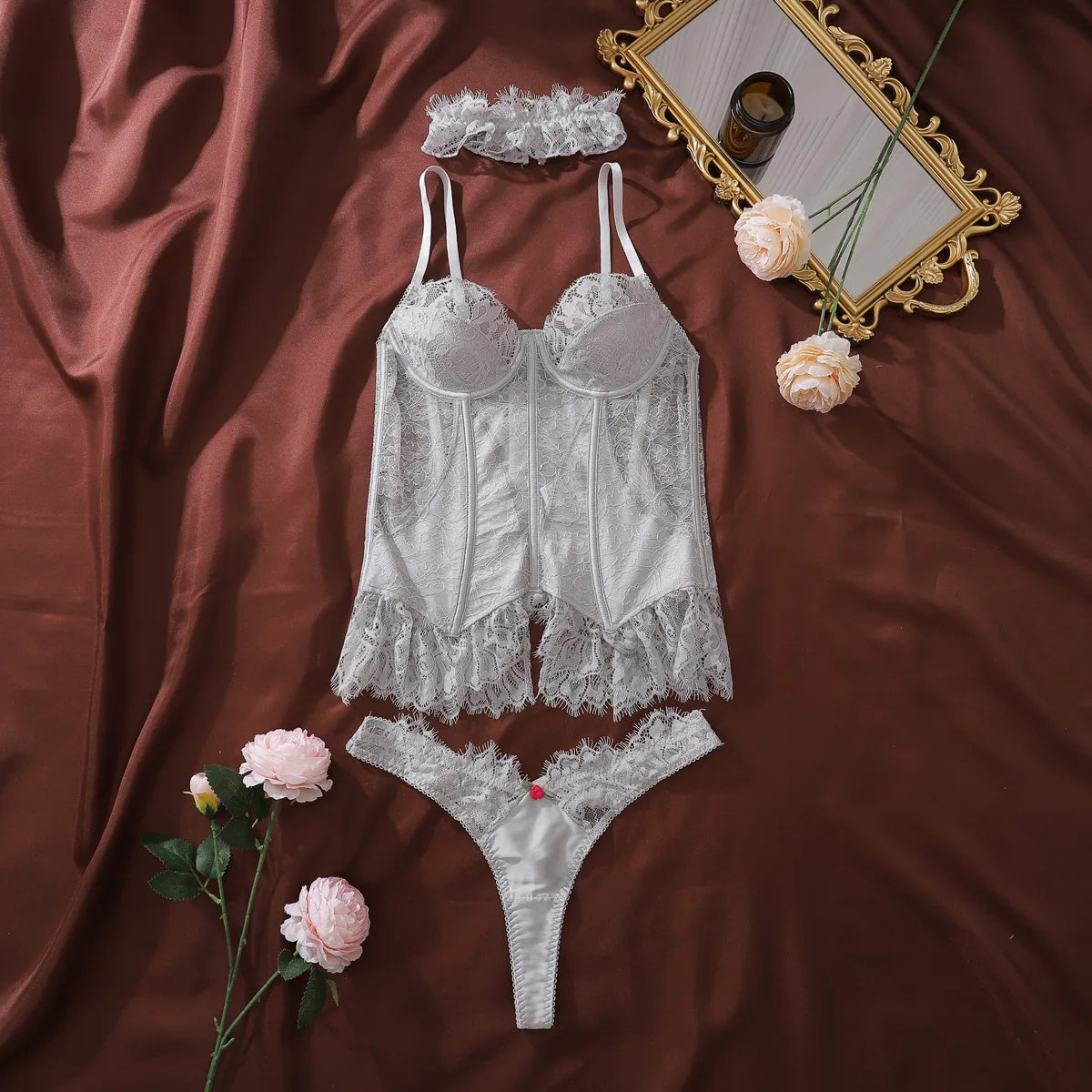Ellolace Premium Women's Lingerie Sets Romantic Palace Corset Bra Panty Choker 3PC Elegant Princess Intimate Silver Underwear