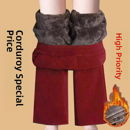 Thickened Fleece Lined Corduroy Straight Leg Casual Pants Women's High Waist Elastic Waist Warm Trousers Autumn Winter New Style