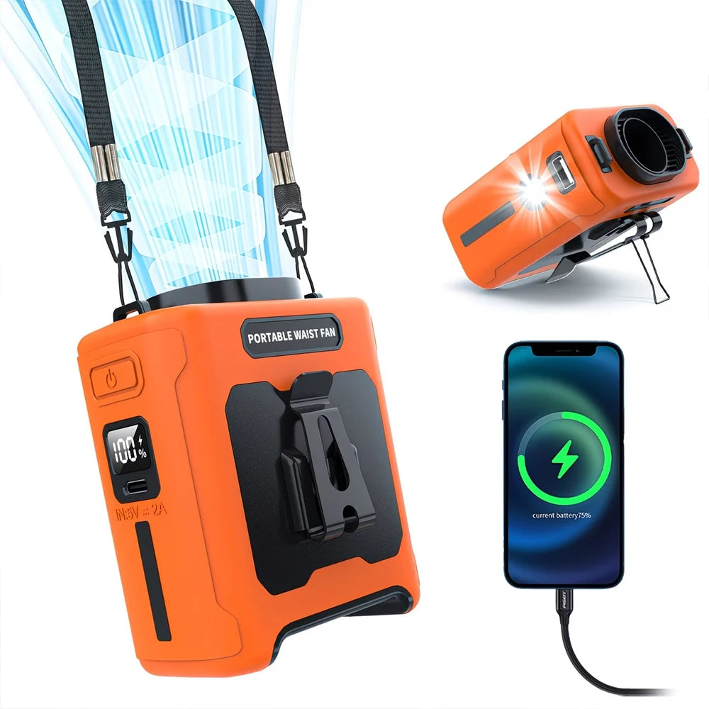 3-in-1 Waist Fan with Power Bank & Flashlight 10000mAh Strong Wind Neck Hanging Fan Portable Outdoor Mini Fan