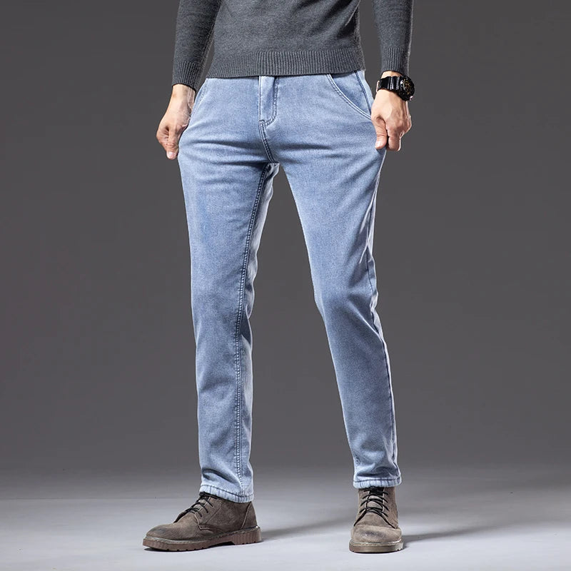 Winter Fleecy Thickened Warm Jeans Vintage Brand Classic Retro Youth Fashion Men Fit Straight Leg Casual Stretch Denim Pants