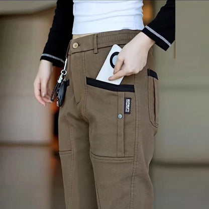 Men's Workwear Pants Elastic Waist Multi-Pocket Straight Leg Autumn Winter Durable Polyester Fiber Casual Trousers
