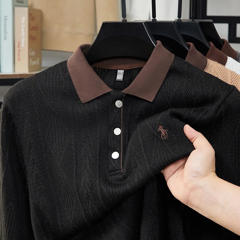 Men's Autumn and Winter Light Luxury 100% Cotton Men's Embroidered Knitted T-shirt Casual Business Sweater Polo Shirt