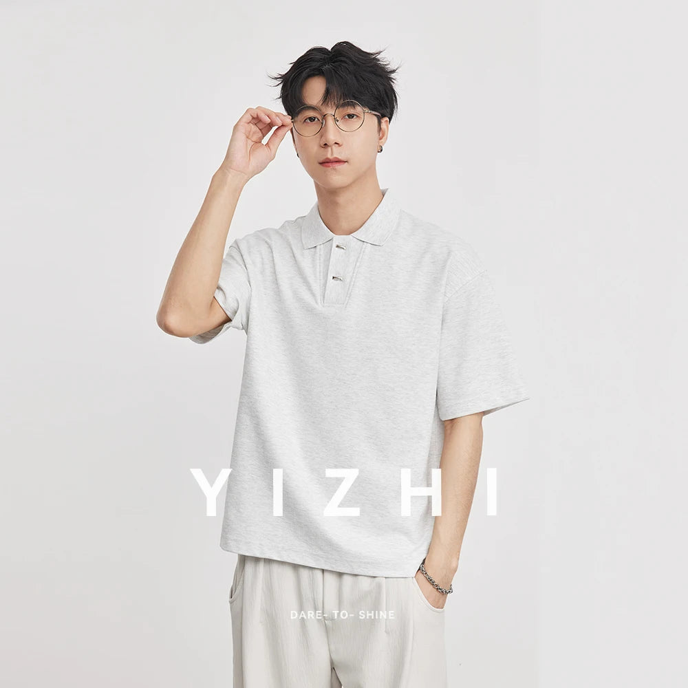 2026 Summer Men's 220g Heavyweight Waffle Polo Shirt Loose Lapel Breathable Soft Solid Color Basic Short Sleeve Tops