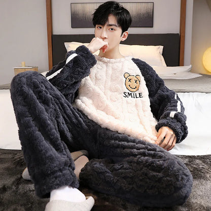 Autumn and Winter New Men's Coral Fleece Thermal Underwear Pajamas Homewear Suit Teenagers Thickened Facecloth Pajamas Homewear