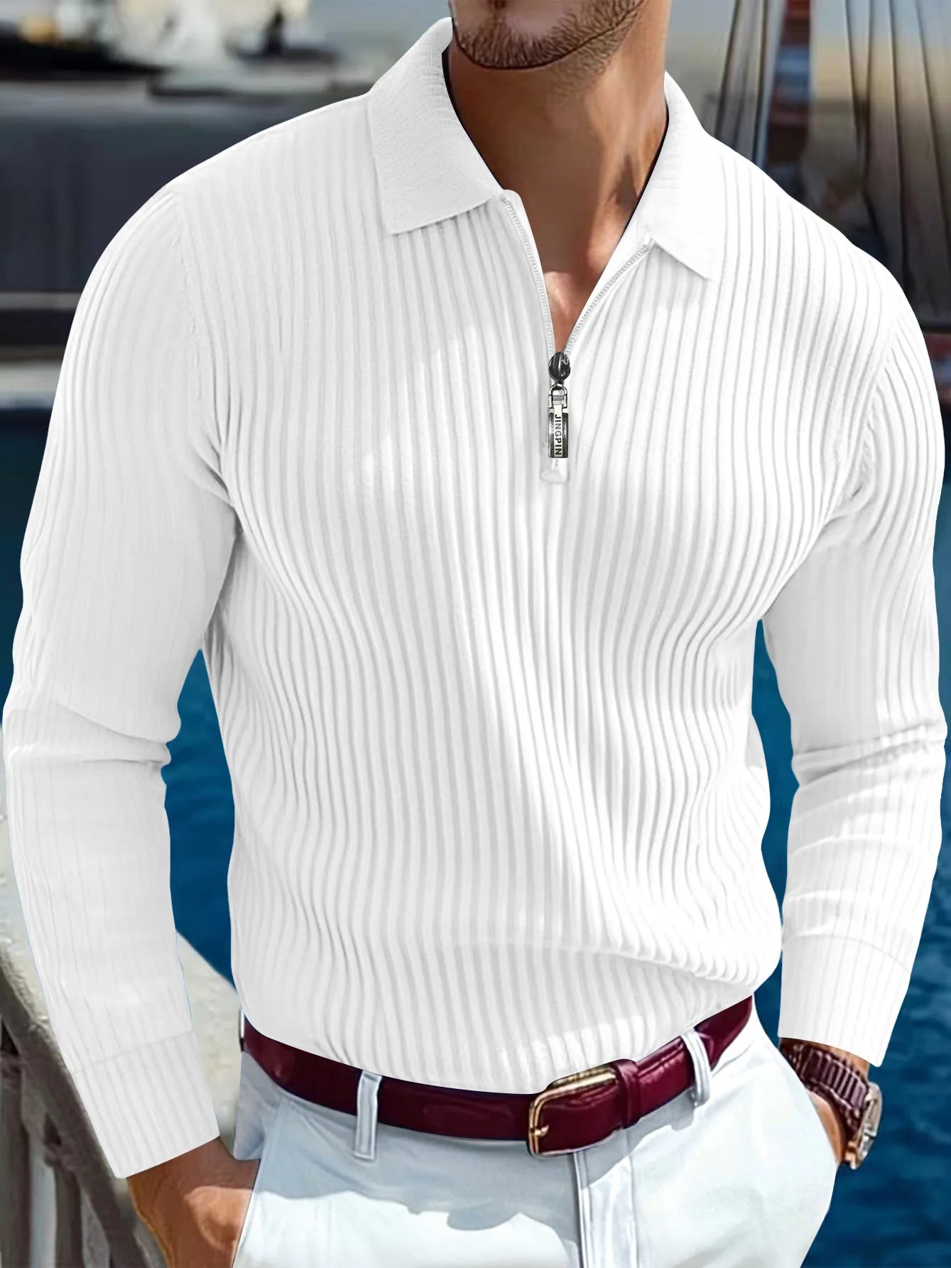 Slim‑Fit Long‑Sleeve Knit Collar Polo Shirt for Men, European & American Style, Business Design with Buttons & Zipper