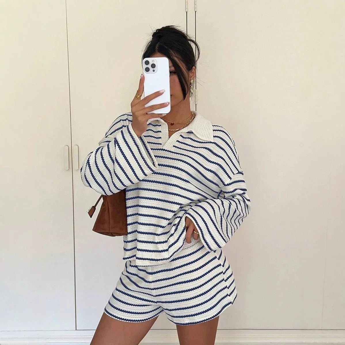 Women Striped Shorts Set Long Sleeve T-Shirt And Loose Casual Pants Breathable Two Piece Outfits For Summer Daily Loungewear