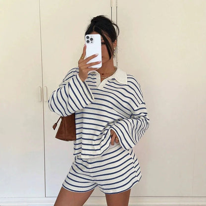 Women Striped Shorts Set Long Sleeve T-Shirt And Loose Casual Pants Breathable Two Piece Outfits For Summer Daily Loungewear