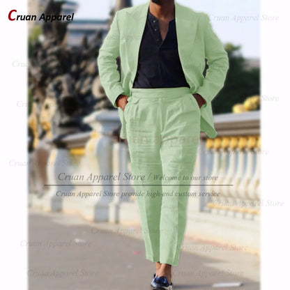 Classic Summer Linen Suit Sets For Men Smart Casual Blazer And Pants 2 Pieces Formal Evening  Fashion Slim Fit Suit Attire