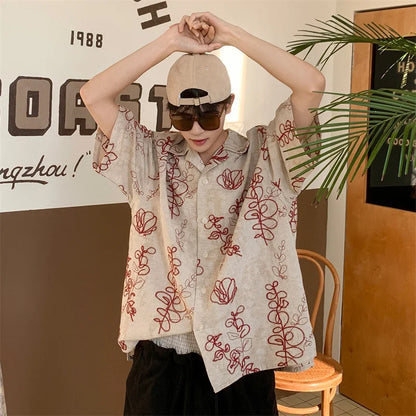 2026 Retro Floral Embroidered Summer Shirts For Men Linen Contrast-Color Print Casual T-Shirts Street Fashion Cuban Collar Tops