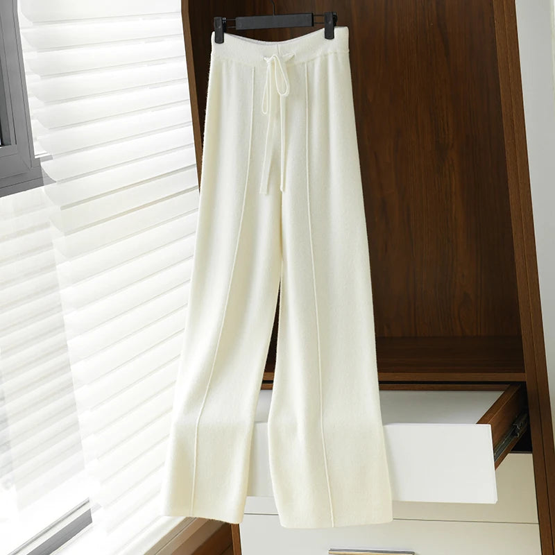 Autumn winter versatile cashmere wide-leg trousersfemale knitted high waist thickened straight tube wool trousers loose trousers