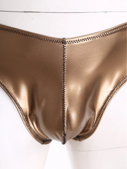Men Wet Look PU Micro Briefs Low Rise Bugle Pouch Underwear Leather Underpants Beach Mini Bikini Bathing Suit Nightwear Clubwear