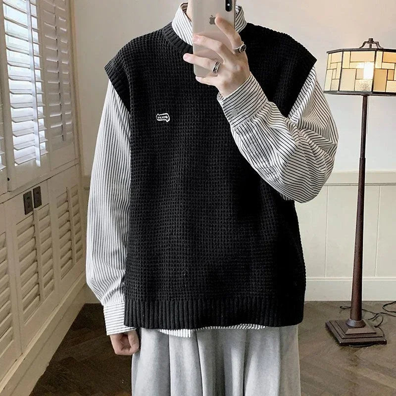 Knitted Sweaters for Men Hippie Black Vest Crewneck Man Clothes Waistcoat Round Collar Sleeveless Warm New in S Over Fit Knit X
