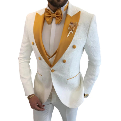Floral Wedding Suits for Men Double Breasted Jacket with Vest Pants 3 Pieces Peak Lapel Groom Tuxedo Male Fashion Suit
