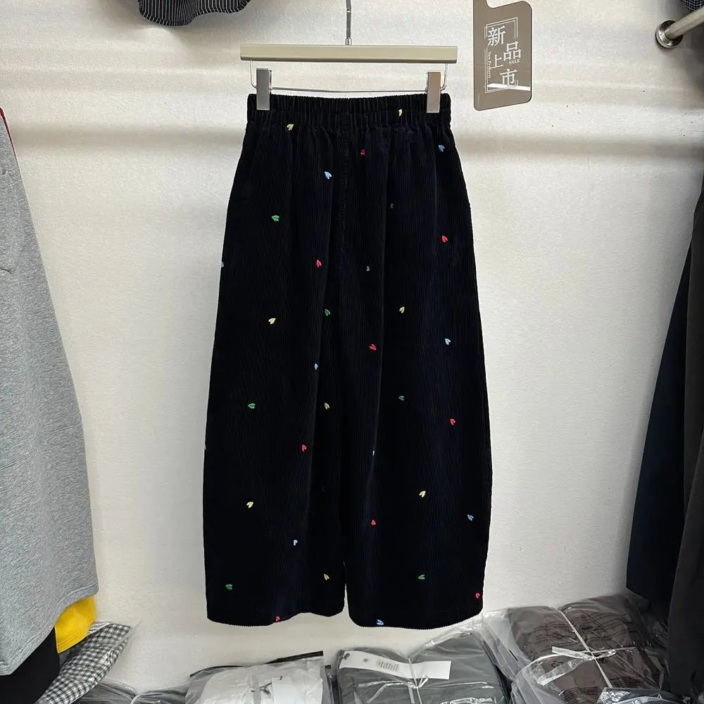 Fall Winter plus Size Fleece Lined Thick Corduroy Wide Leg Pants Women Casual Loose Heart Embroidery Knife  Pants