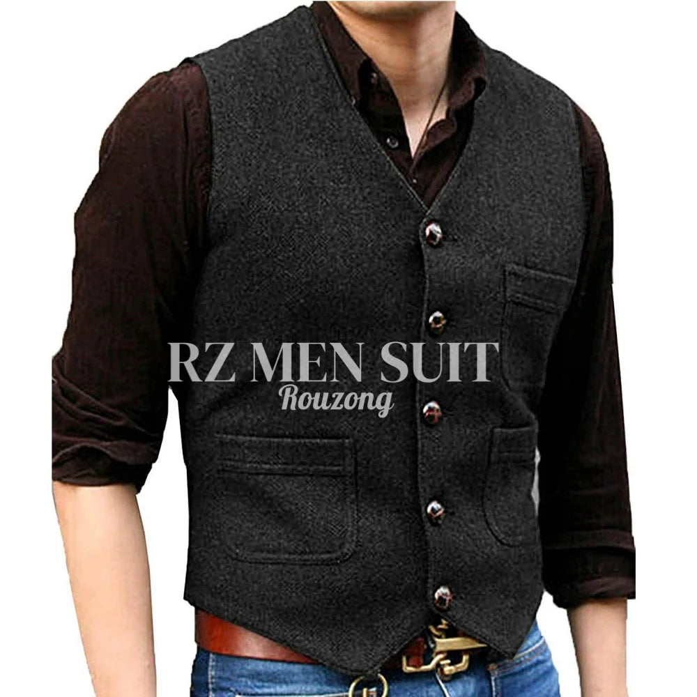 Mens Vintage Tweed Suit Vest V Neck Casual Wool Waistcoat for Wedding Groomsmen chaleco hombre