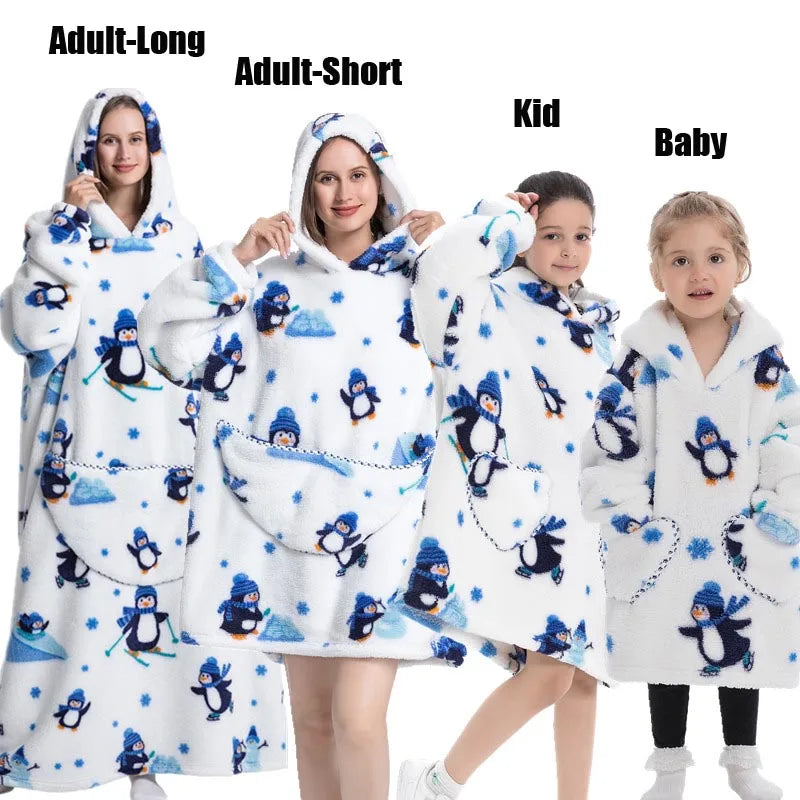 Halloween Family Matching Blanket Hoodies Women Cartoon Bear Dinosaur Sweatshirts Adult Oversized Warm Pullover Winter Clothes