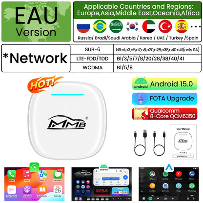 3in1 MMB MAX Smart Box CarPlay Wireless Carplay Android Auto Android15 QCM6350 8-Core GPS WiFi 4G SIM AI Box For Youtube Netflix