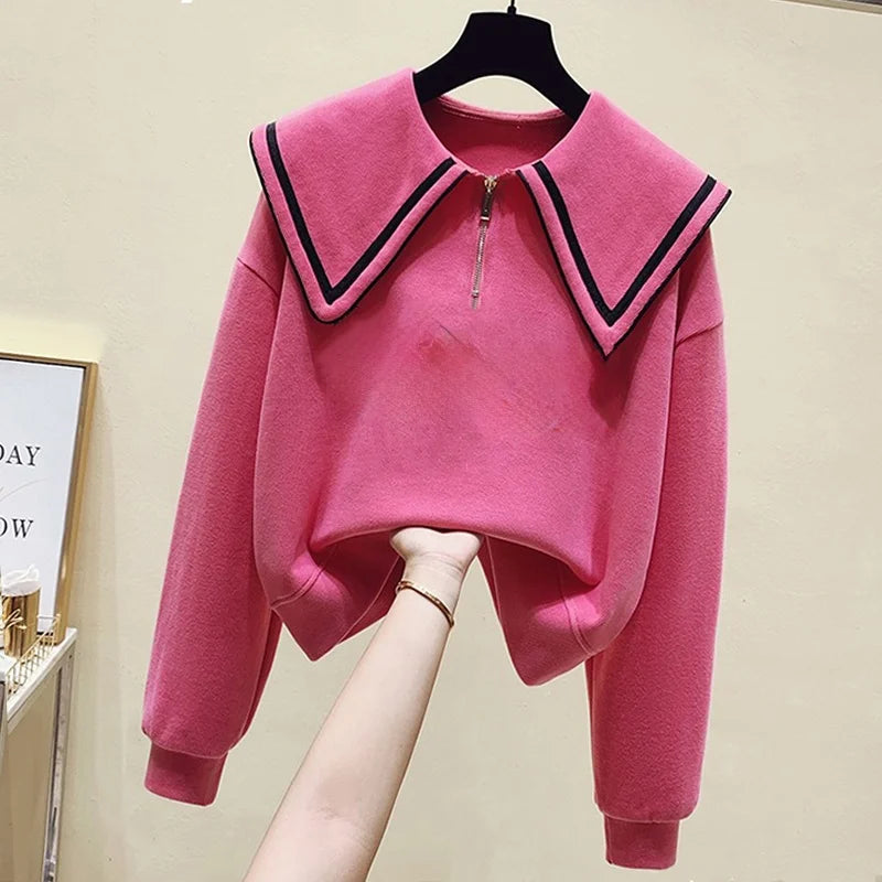 Teenage Girl's Fleece Lined Thickened Navy Collar Sweatshirt Small Size Winter Fashionable Clothing School Sweet Style Zipper
