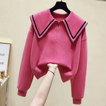 Teenage Girl's Fleece Lined Thickened Navy Collar Sweatshirt Small Size Winter Fashionable Clothing School Sweet Style Zipper