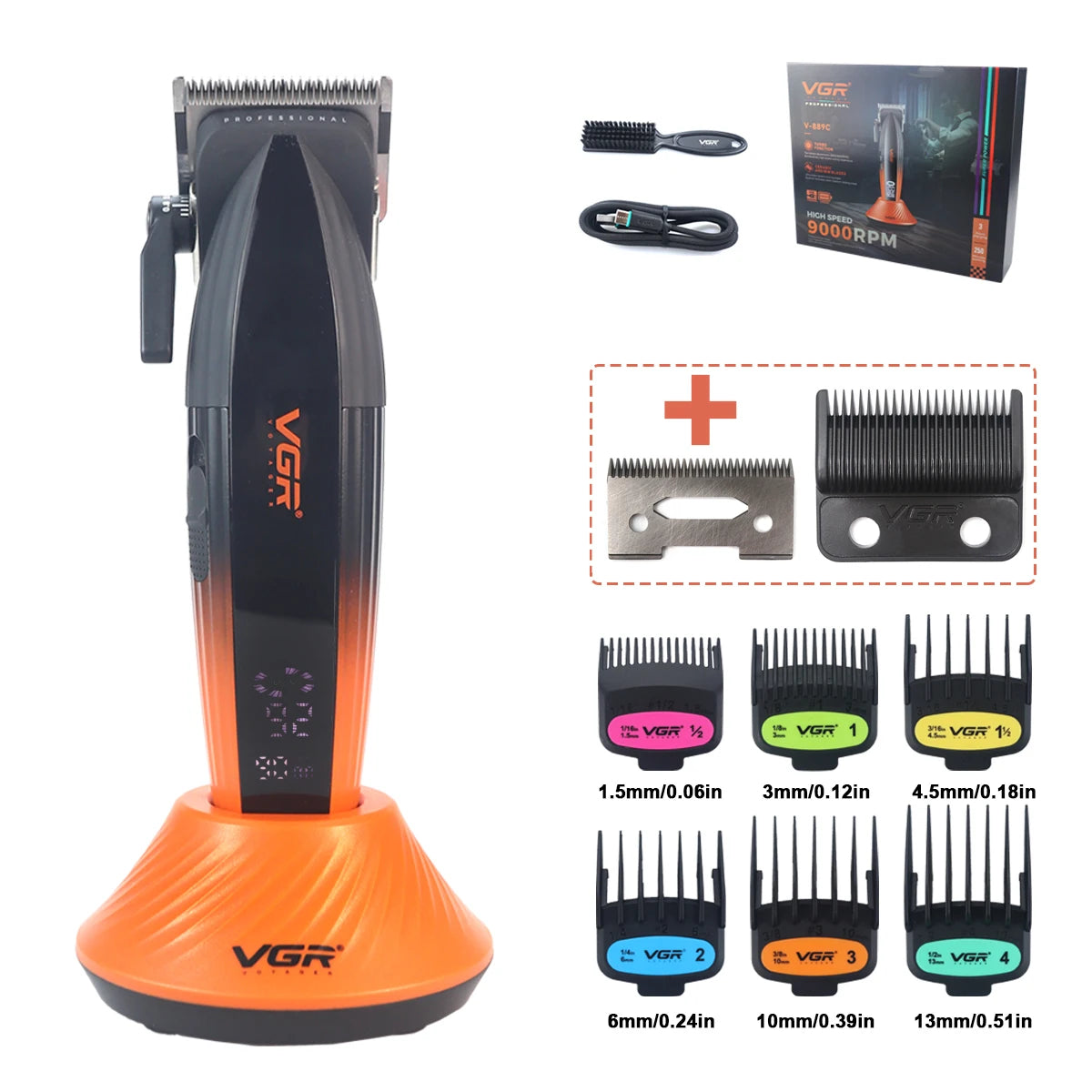 VGR V-889C Professional Hair Clipper Fade DLC Blade 9000RPM 2 Speeds Cordless with Base Charger Full Metal LCD Haircut Machine