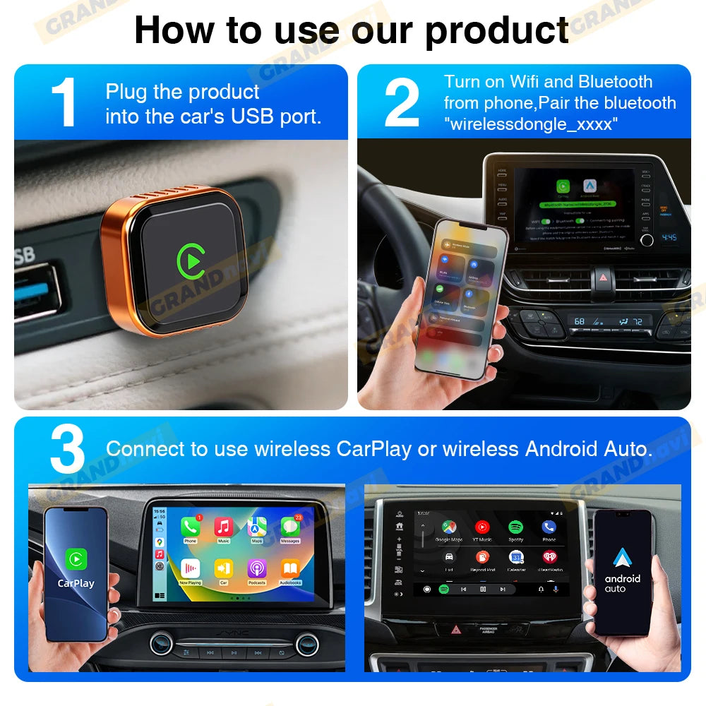 CarPlay Wireless Orange Adapter 2026 New Plug & Play Auto Connect No Delay Converts Wired to Wireless iPhone & Android