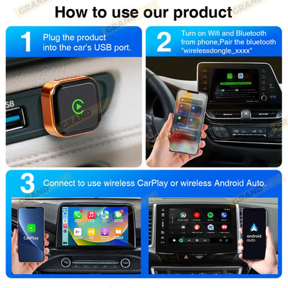 CarPlay Wireless Orange Adapter 2026 New Plug & Play Auto Connect No Delay Converts Wired to Wireless iPhone & Android