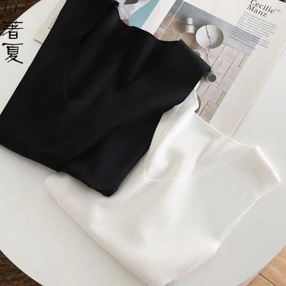 Women's Summer V-Neck Tank Top: Breathable, Waist-Defining Short-Sleeved Knit Top with Ice-Silk Spandex Lining for Outerwear