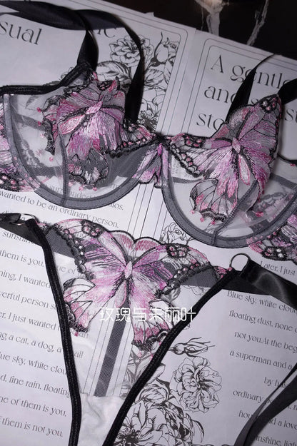 Ultra-Thin Sexy Lace Sheer Lingerie Set For Women French Butterfly Embroidery Push Up Bra Soft Underwire Support Date Night Wear