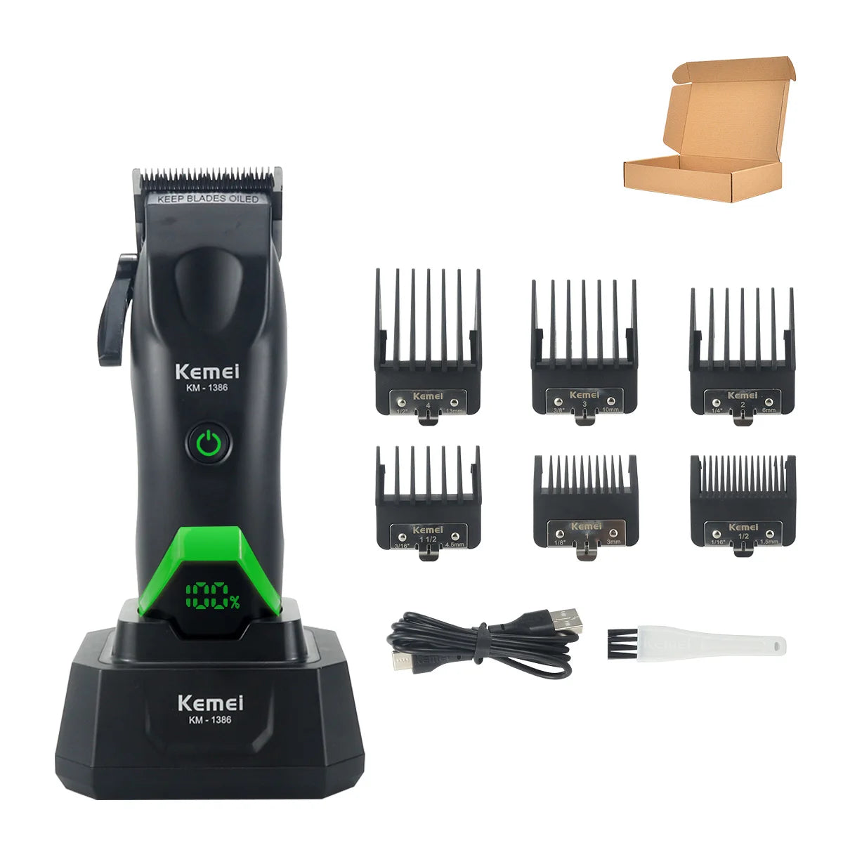 Kemei 1386 Men's Hair Clipper 8000RPM DLC Blade with Base Charger LED Display 2000mAh Professional Hair Cutting Machine Trimmer