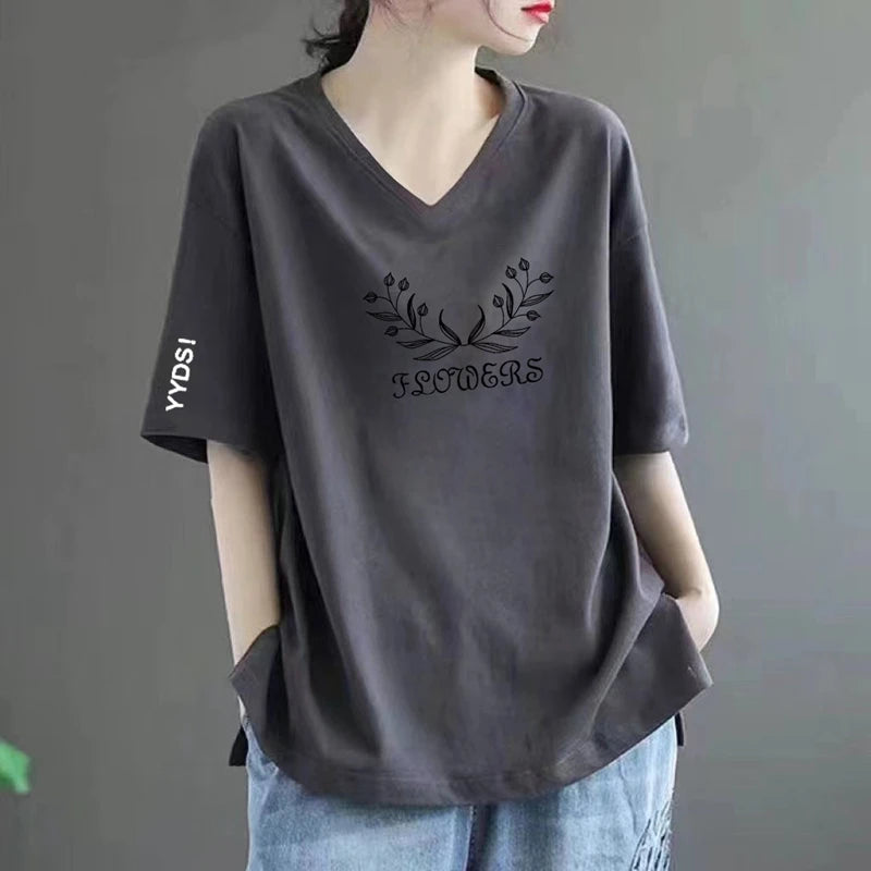 100% Pure Cotton V-Neck Short Sleeve T-Shirt Women's Loose Fashionable Printed Mom Top Trendy Korean Style Summer Wear