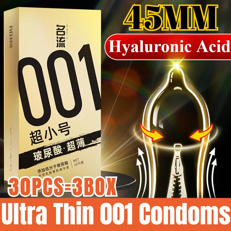 30PCS Small Condoms For Adult Sex 45/49mm Ultrathin 001 Penis Sleeve Sex Toys Hyaluronic Acid Condom Super Tight Cock Sleeve 18+
