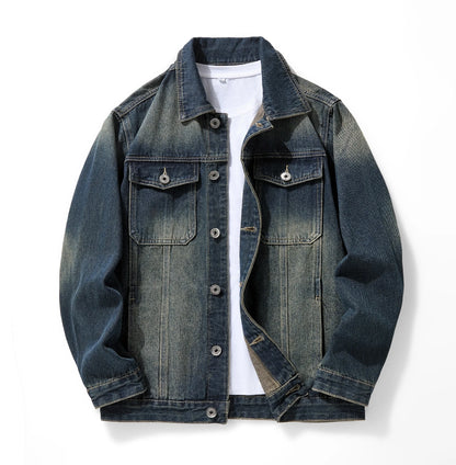 Vintage Dark Blue Denim Jacket for Men Casual Workwear Jean Coat with Button Closure Chest Pockets Everyday Streetwear Outer