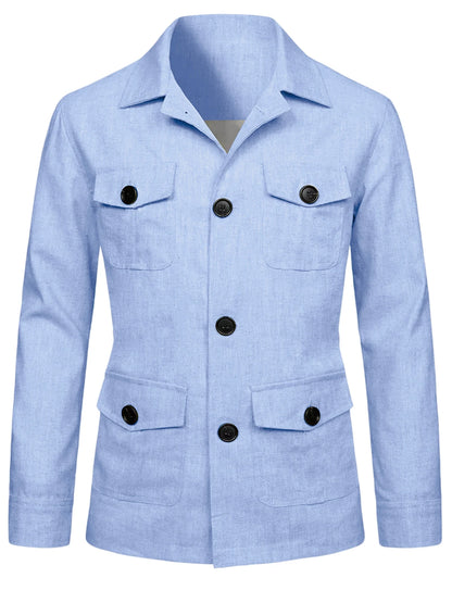 Men's Linen Blend Safari Jacket Retro British Style Multi-Pocket Workwear Coat Business Casual Suit Blazer for Spring Summer