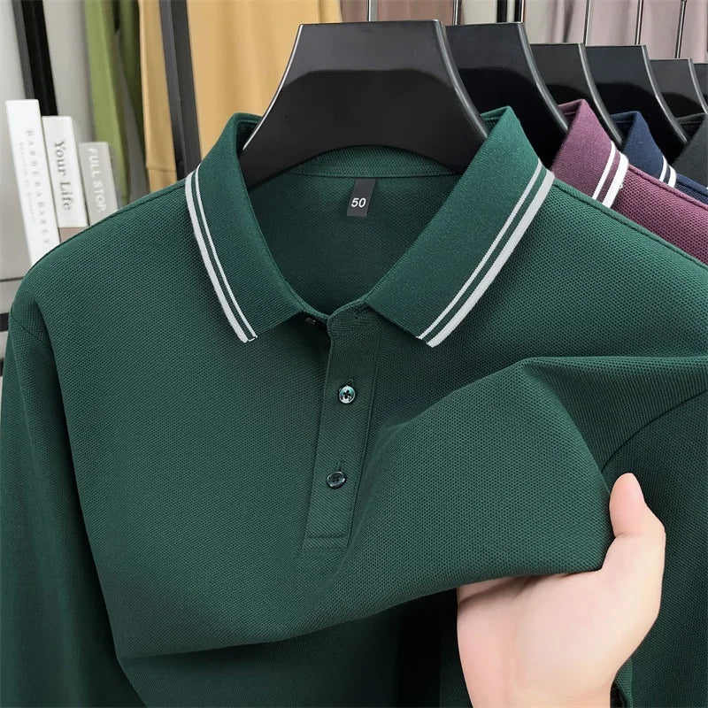 Men's 100% Cotton Long-Sleeve Polo Shirt - Light Purple Soft Knit  Breathable Business Casual Hexagon Pique Texture