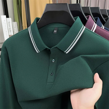 Men's 100% Cotton Long-Sleeve Polo Shirt - Light Purple Soft Knit  Breathable Business Casual Hexagon Pique Texture