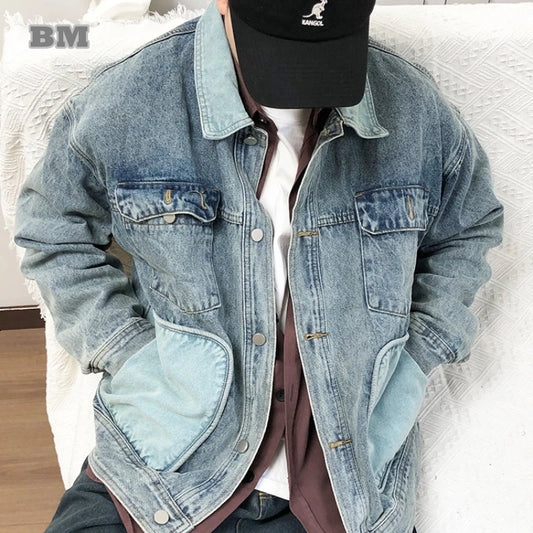 Japanese Vintage Blue Denim Jacket For Men Streetwear Fashion Workwear Coat Multi Pocket Color Block Loose Fit Casual Jackets