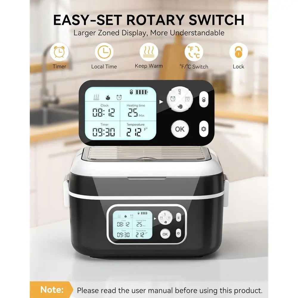 100W 24000mAh Large Capacity Electric Lunch Box with Smart Timer, 6.3-Cup, Portable Food Warmer for Outdoor/Office Use, Black