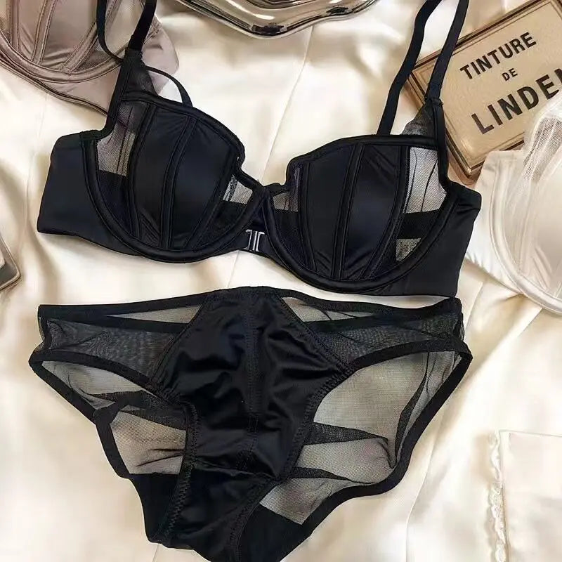 Front Fastening Push Up Bra Lingerie Set Sexy Satin Mesh Semi-Cup Underwired Lift Bra and Panty Set S-XL Size  Lingerie Sexy Set
