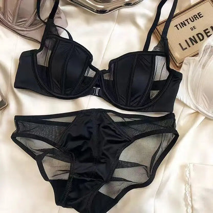 Front Fastening Push Up Bra Lingerie Set Sexy Satin Mesh Semi-Cup Underwired Lift Bra and Panty Set S-XL Size  Lingerie Sexy Set