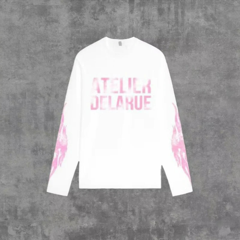 Y2K Harajuku Retro Niche Long Sleeve Print Letter Flame Tops New Fashion Casual Comfortable Streetwear Unisex Oversized Clothes