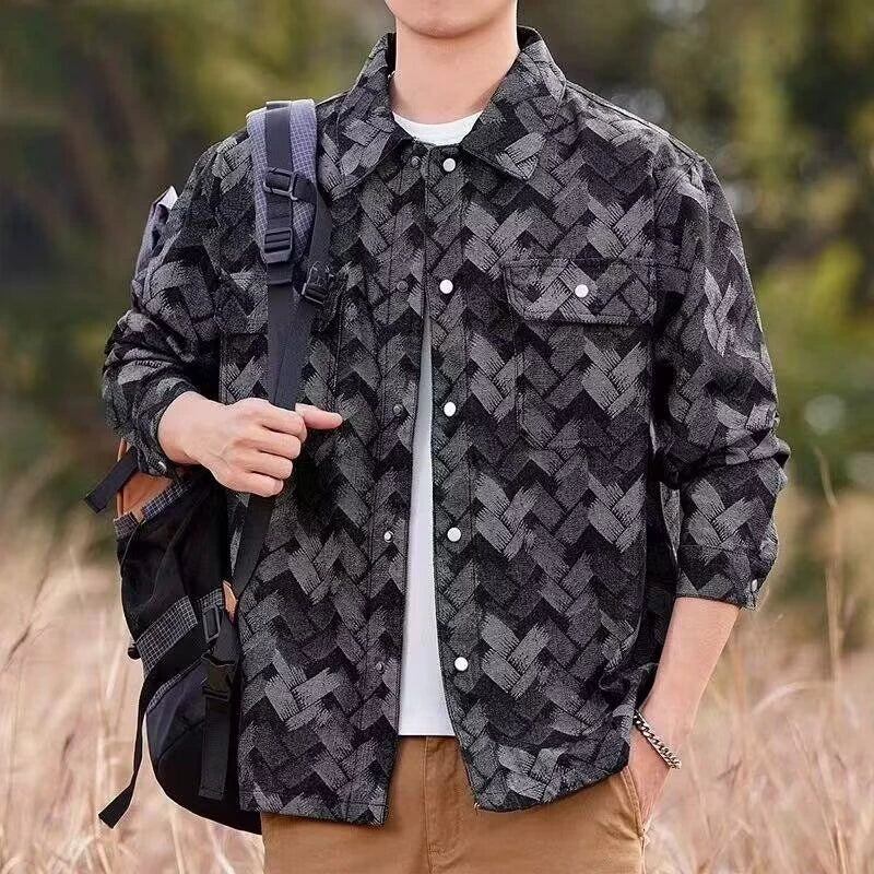 Men's Denim Shirt New Spring Summer Fashion Breathable Cotton Blend Jacquard Pattern Long Sleeve Top Street Urban Commuter Wear