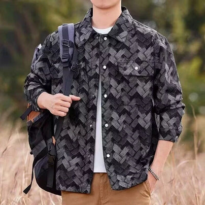 Men's Denim Shirt New Spring Summer Fashion Breathable Cotton Blend Jacquard Pattern Long Sleeve Top Street Urban Commuter Wear