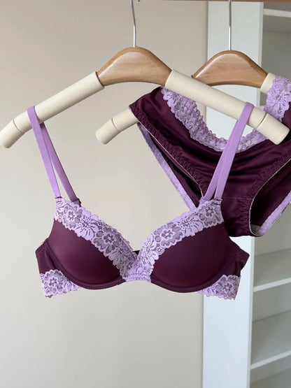 Sexy Purple Lace Lingerie Set for Women Push Up Bra No Underwire Small Bust Fit gathering Cups Lift Petite Cute Panties YUQI