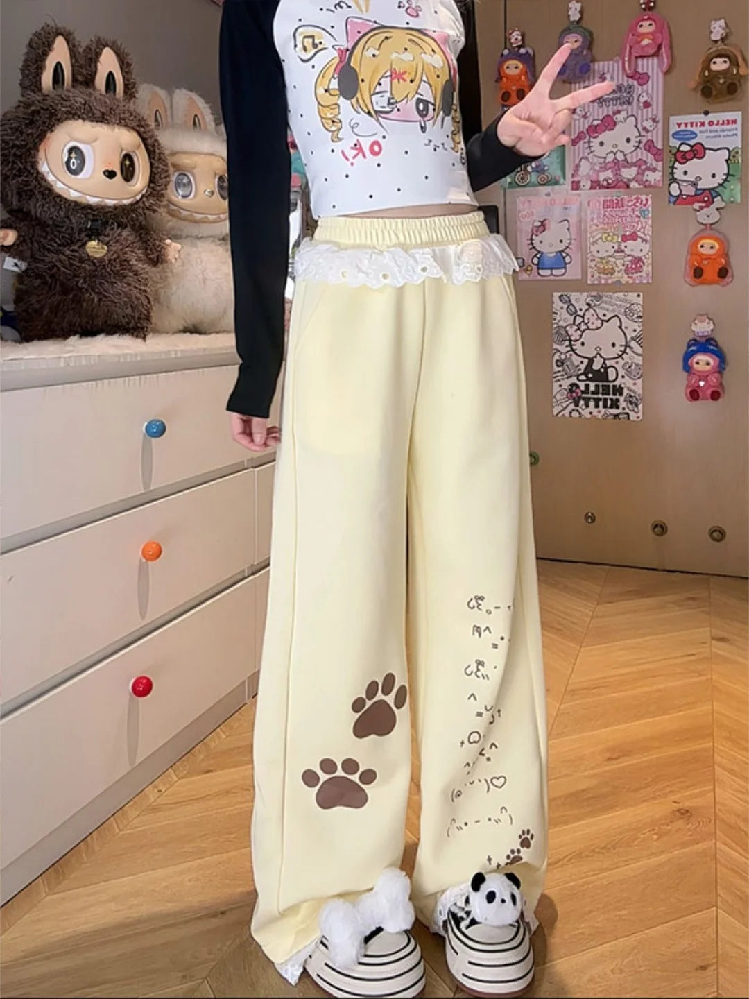 Sweet Cartoon Print Wide Leg Pants Women's High Waist Straight Lace Splice Casual Sports Sweatpants Breathable Cotton Blend