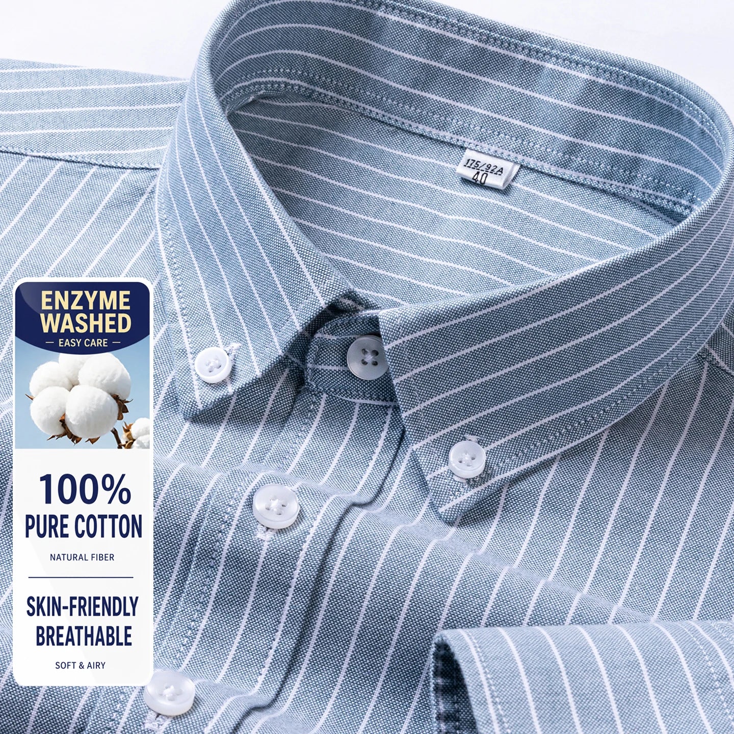 Men Cotton Oxford Shirt Long Sleeve Button Down Casual Business Shirt Pre-Shrunk Enzyme Washed Breathable Wrinkle Resistant