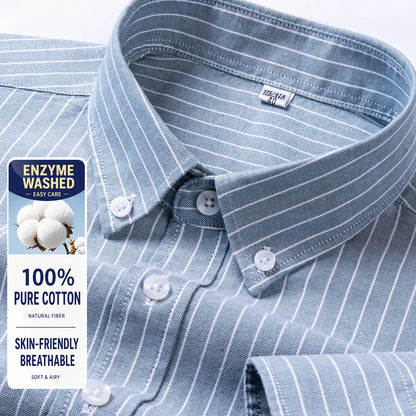 Men Cotton Oxford Shirt Long Sleeve Button Down Casual Business Shirt Pre-Shrunk Enzyme Washed Breathable Wrinkle Resistant
