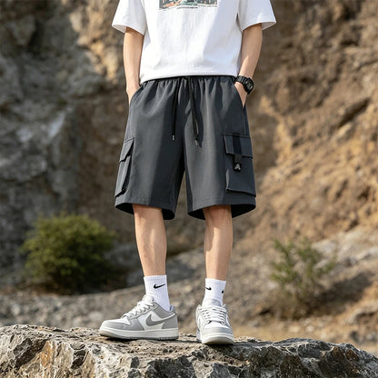 Loose Workwear Cargo Shorts Men's Five-Pocket Casual Straight Leg Work Pants Summer Thin Fabric Teen Boys Fashion Retro Bottoms