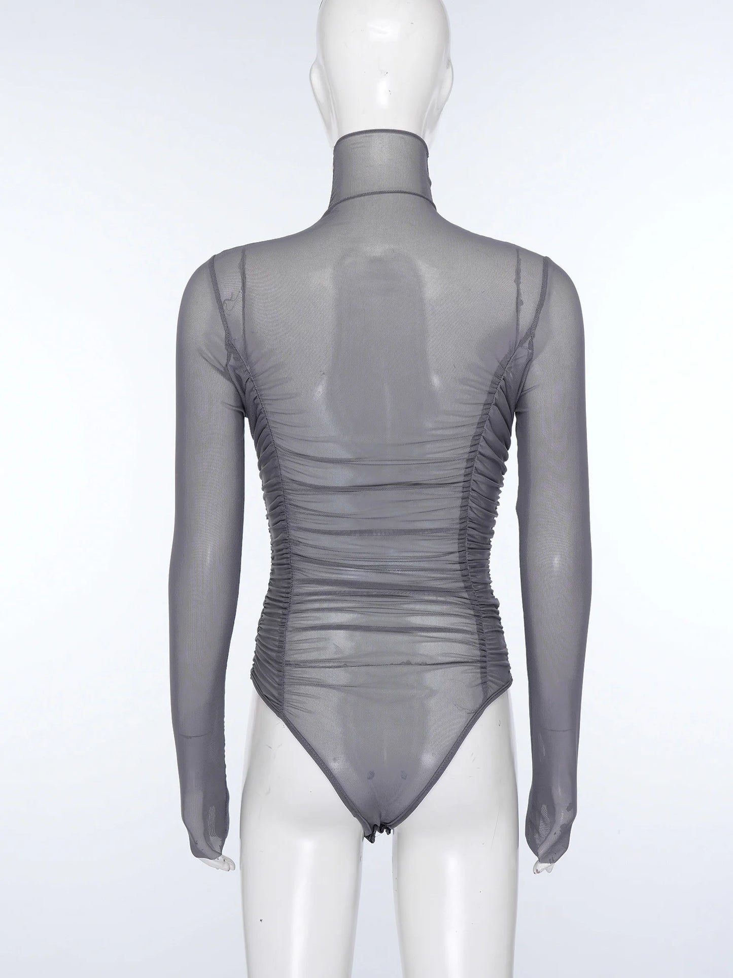 Womens Nightclub Beach Bodysuit Sheer Mesh Side Ruched High Collar Long Sleeve Button Crotch Leotard See Through Cover Up Outfit