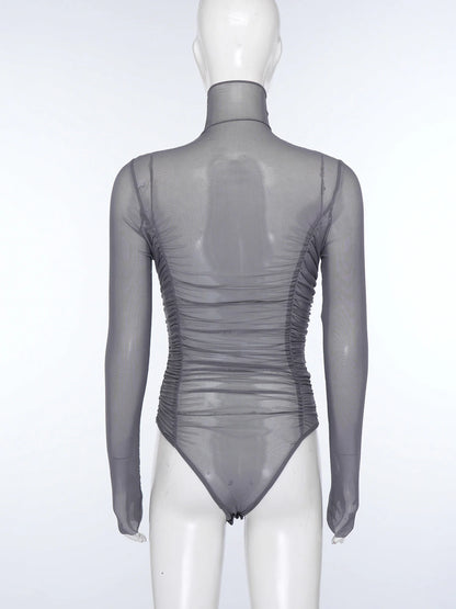 Womens Nightclub Beach Bodysuit Sheer Mesh Side Ruched High Collar Long Sleeve Button Crotch Leotard See Through Cover Up Outfit
